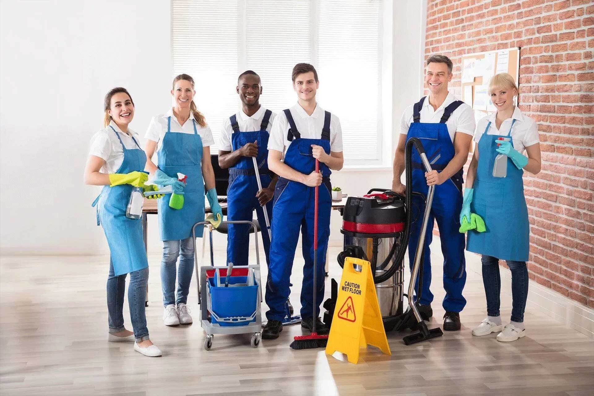 a group of cleaners are posing for a picture in a room .