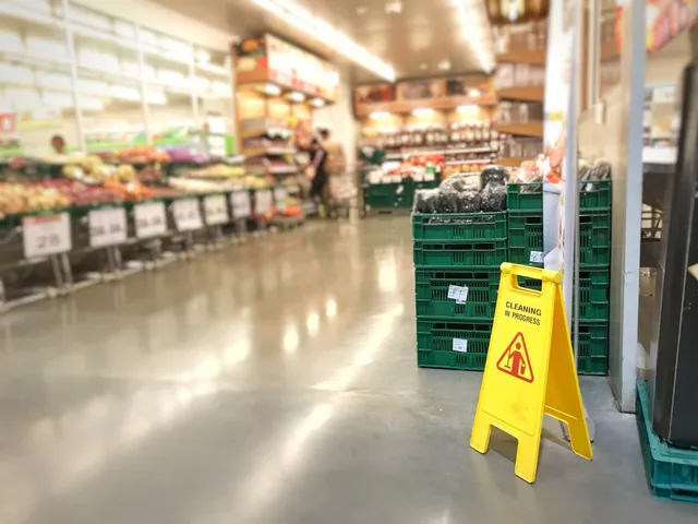 a yellow caution sign is in the middle of a grocery store .